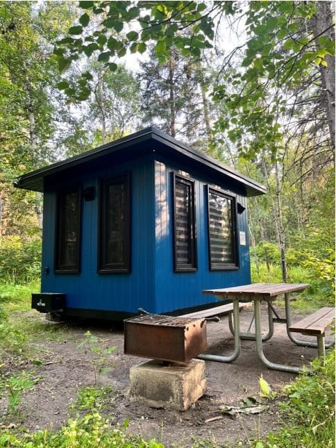 Image of a small blue home in a forest setting.